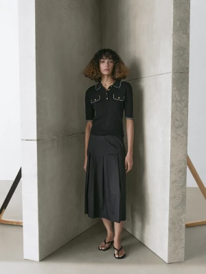 Cotton Knit Polo Shirt With Contrast Detail - Czarny - - Massimo Dutti - Kobieta