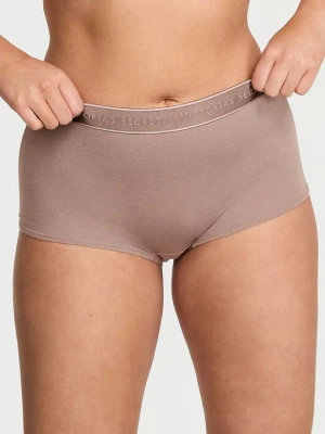 Cotton Majtki bawełniane szorty z logo w talii Boyshort Victoria's Secret Brązowy