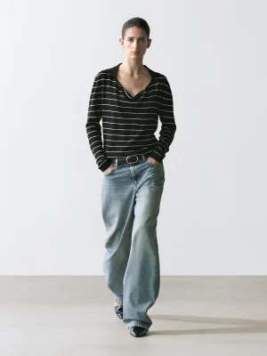 Cotton Striped Polo Knit Jumper - Granatowy - - Massimo Dutti - Kobieta