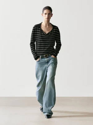 Cotton Striped Polo Knit Jumper - Granatowy - - Massimo Dutti - Kobieta