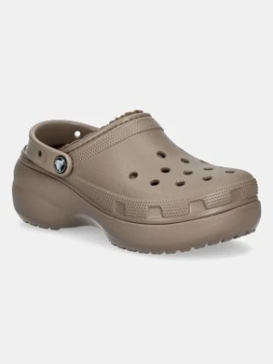 Crocs klapki Classic Platform Lined Clog damskie kolor brązowy na platformie 207938.195