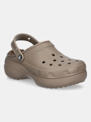 Crocs klapki Classic Platform Lined Clog damskie kolor brązowy na platformie 207938.196