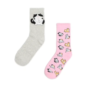 Cropp - 2 pack skarpet z motywem kota - różowy