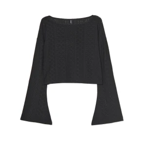 Cropp - Ażurowa bluzka z rozszerzanymi rękawami - czarny