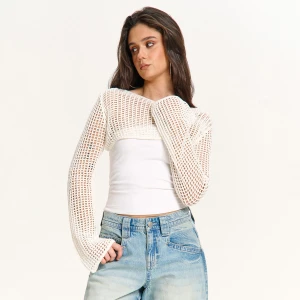 Cropp - Ażurowy krótki sweter - biały