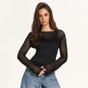 Cropp - Ażurowy krótki sweter - czarny