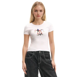 Cropp - Biała koszulka crop z nadrukiem - biały