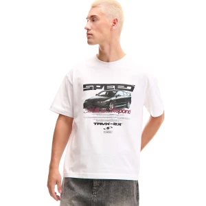 Cropp - Biała koszulka z motoryzacyjnym motywem - biały