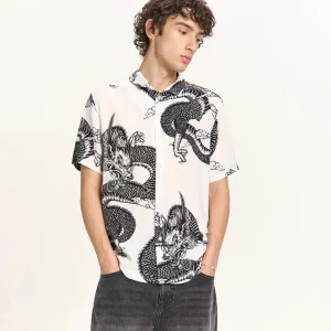 Cropp - Biało-czarna koszula z nadrukiem smoka - biały