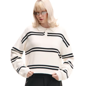 Cropp - Biały sweter w paski z kołnierzykiem - biały