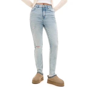 Cropp - Błękitne jeansy skinny z przetarciami - błękitny