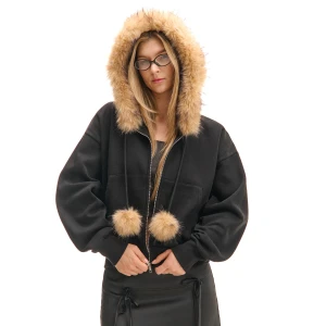 Cropp - Bluza hoodie z odpinanym futerkiem - czarny