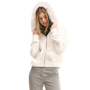 Cropp - Bluza hoodie z odpinanym futerkiem - kremowy