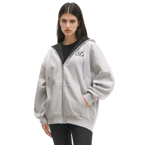 Cropp - Bluza hoodie ze wstawkami w groszki - jasny szary