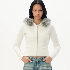 Cropp - Bluza z kapturem wykończonym futerkiem - biały