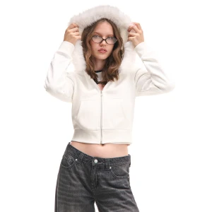 Cropp - Bluza z kapturem z odpinanym futerkiem - biały