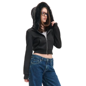 Cropp - Bluza z kapturem z odpinanym futerkiem - czarny
