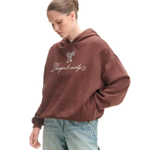 Cropp - Bluza z napisem i koloorwym kapturem - brązowy