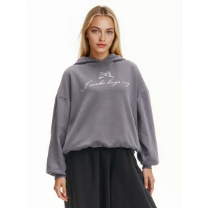 Cropp - Bluza z napisem i kolorowym kapturem - szary