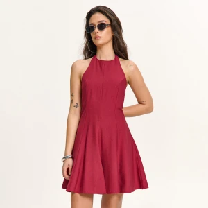 Cropp - Bordowa sukienka mini z wiskozą - kasztanowy