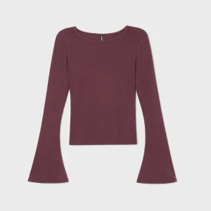 Cropp - Bordowy T-shirt longsleeve z rozszerzanymi rękawami - fioletowy