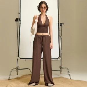 Cropp - Brązowe spodnie wide leg - brązowy