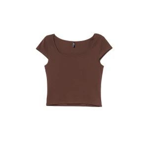 Cropp - Brązowy T-shirt z kwadratowym dekoltem - brązowy
