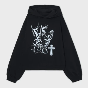 Cropp - Czarna bluza hoodie z motywem kota - czarny