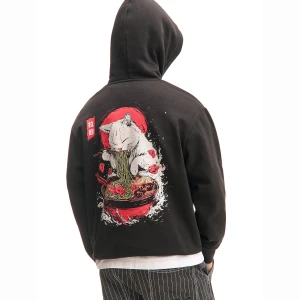 Cropp - Czarna bluza z kotem jedzącym ramen - czarny