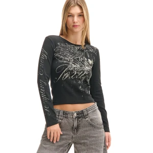 Cropp - Czarna koszulka longsleeve z autorskim motywem - czarny