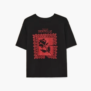 Cropp - Czarna koszulka z czerwonym haftem - czarny