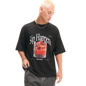 Cropp - Czarna koszulka z drinkiem - czarny