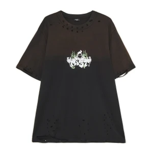 Cropp - Czarna koszulka z dziurami i nadrukiem - czarny