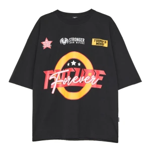 Cropp - Czarna koszulka z nadrukami i napisami - czarny