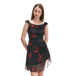 Cropp - Czarna sukienka mini w róże - czarny