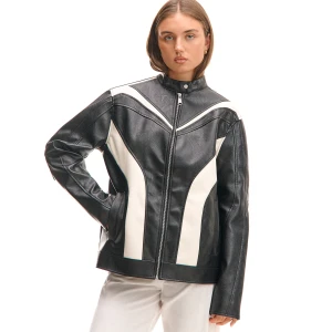 Cropp - Czarno-biała kurtka biker z imitacji skóry - czarny