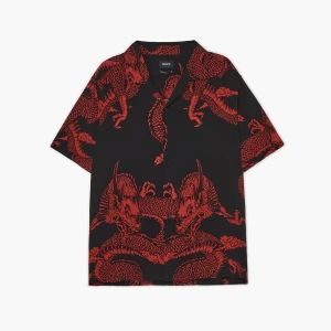 Cropp - Czarno-czerwona koszula ze smokiem - czerwony