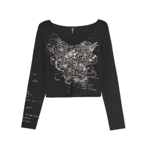 Cropp - Czarny T-shirt longsleeve z gotyckim motywem - czarny