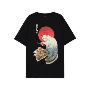 Zdjęcie produktu Cropp - Czarny T-shirt z kotem i sushi - czarny