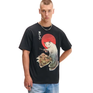 Cropp - Czarny T-shirt z kotem i sushi - czarny