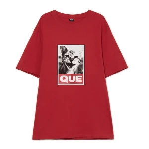 Cropp - Czerwona koszulka z nadrukiem kota - czerwony