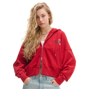 Cropp - Czerwona rozpinana bluza z kapturem i napisami - czerwony