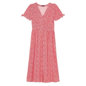 Cropp - Czerwona sukienka midi w kwiaty - czerwony