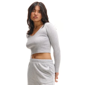 Cropp - Dopasowana szara koszulka longsleeve - jasny szary