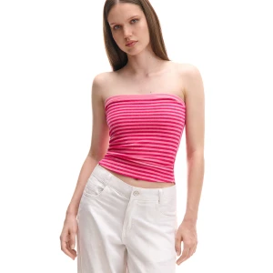 Cropp - Dopasowany różowy top w paski - różowy