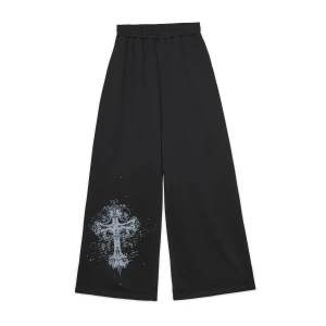 Cropp - Dresowe spodnie wide leg z nadrukiem - czarny