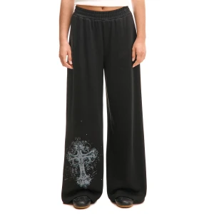 Cropp - Dresowe spodnie wide leg z nadrukiem - czarny