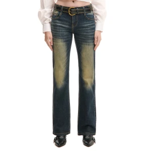 Cropp - Granatowe jeansy bootcut z efektem sprania - granatowy