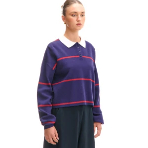 Cropp - Granatowy sweter w paski z kołnierzykiem - granatowy