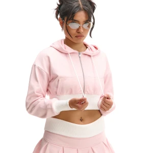 Cropp - Jasnoróżowa krótka rozpinana bluza hoodie - różowy